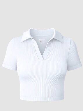 OQQ Classic White Ribbed Polo Crop Top